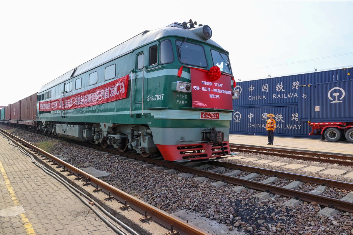 Freight Train Linking East China With Central Asia Departs From Wuxi, WUXI, CHINA - AUGUST 13: A freight train departs from Wuxi West Railway Station Logistics Park and heads for Uzbekistan and Kazakhstan on August 13, 2022 in Wuxi, Jiangsu Province of China. The freight train carrying over 1,000 tons of goods will pass through China's Lianyungang city before reaching Uzbekistan and Kazakhstan in about 20 days. (Photo by Zhu Jipeng/VCG via Getty Images)