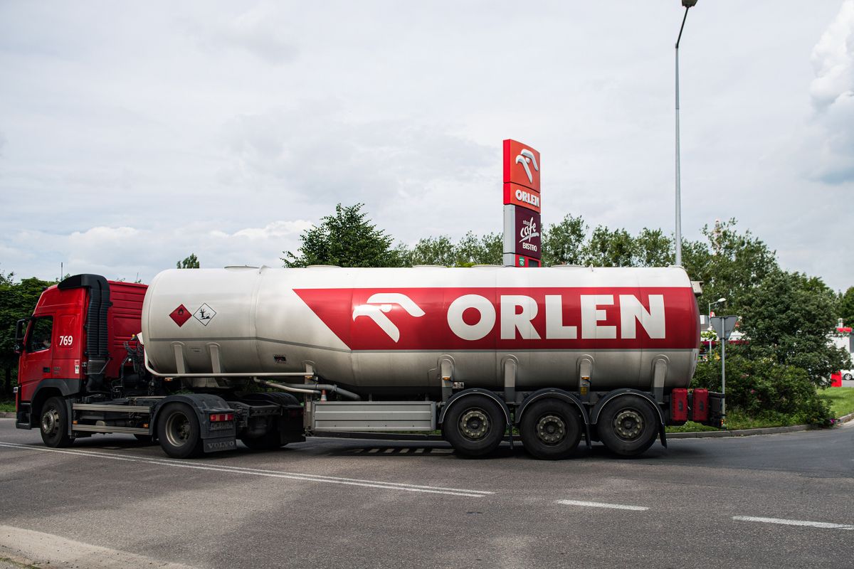 PLOCK, MAZOWIECKIE, POLAND - 2022/06/15: A tank truck is leaving the Polish Oil Company "Orlen" refinery in Plock. 