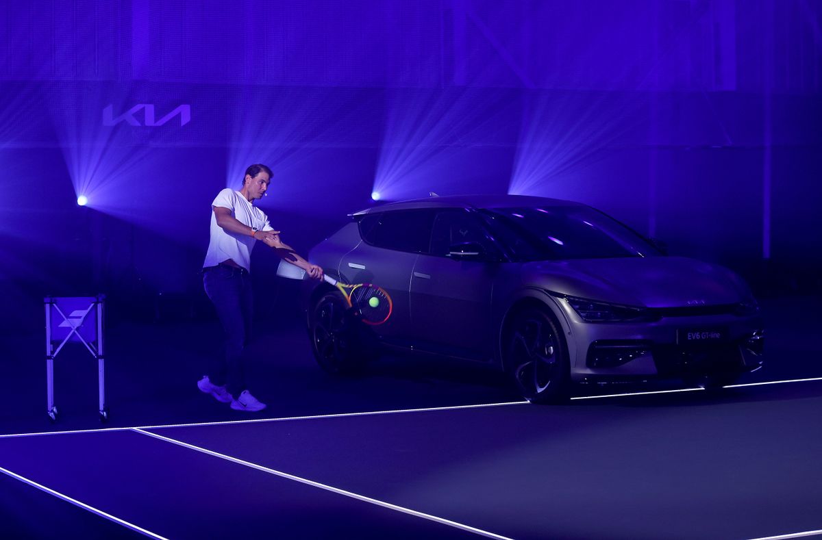 MALLORCA, SPAIN - OCTOBER 21:  Kia today announced their commitment to a more sustainable movement at the Rafael Nadal Academy with the EV6 Court, supported by their long-standing Global ambassador, Rafael Nadal at Rafa Nadal Academy by Movistar on October 21, 2021 in Mallorca, Spain. 