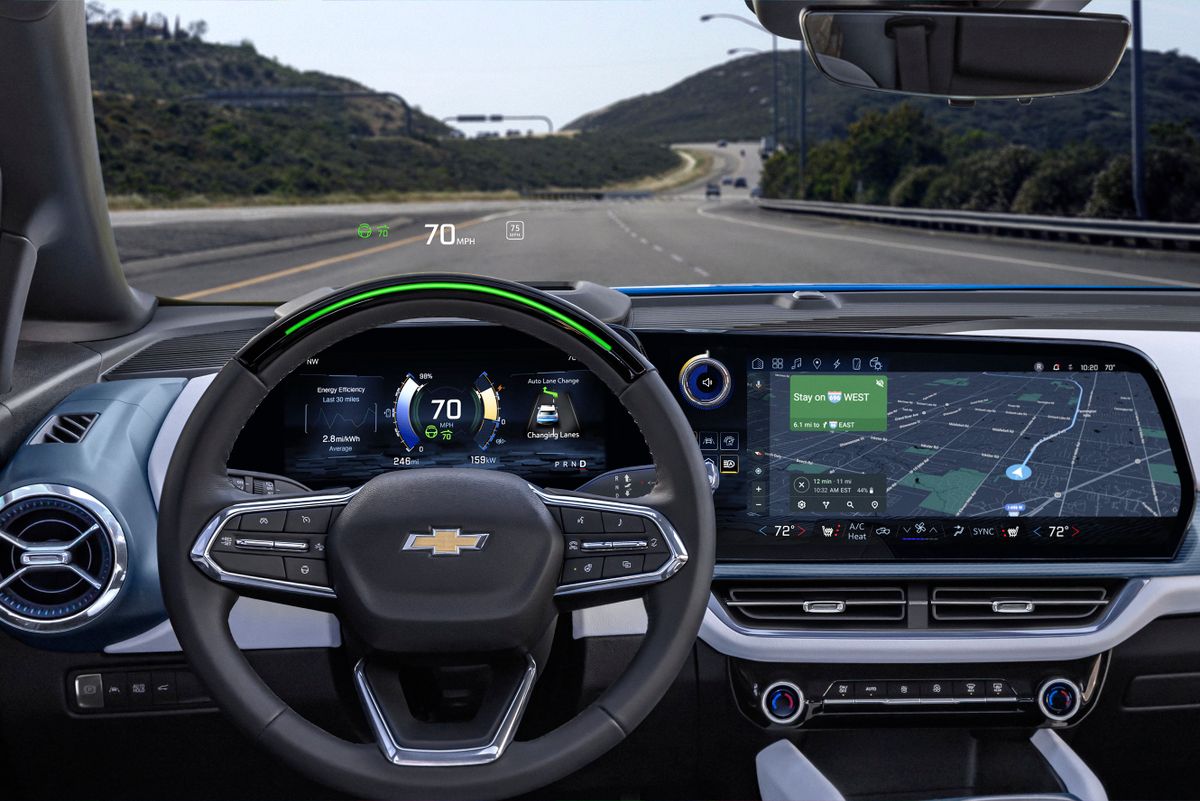 View of driver’s side front cabin in 2024 Chevrolet Equinox EV 3LT with Super Cruise activated. Preproduction model shown. Actual production model may vary. 2024 Chevrolet Equinox EV available Fall 2023.