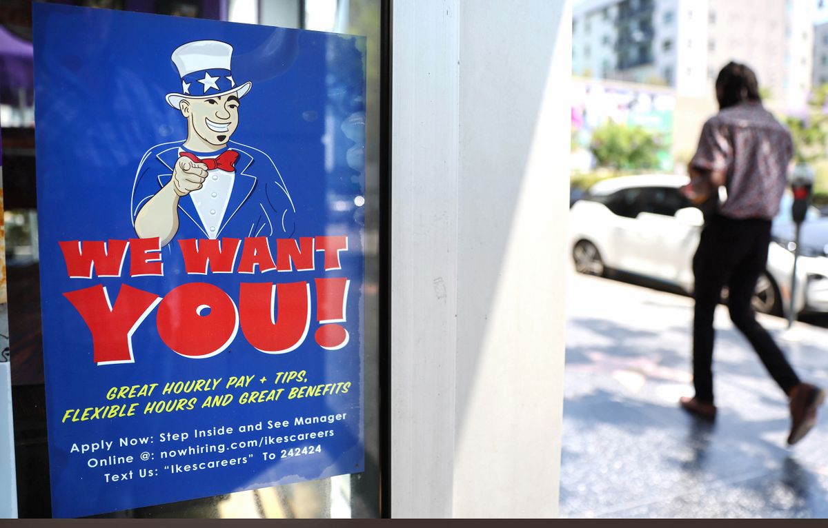 LOS ANGELES, CALIFORNIA - JULY 26: A 'We Want You!' sign is posted at an Ike's Love & Sandwiches store on July 26, 2022 in Los Angeles, California. As the Federal Reserve continues to increase interest rates, the labor market is starting to show signs of slowing down. 