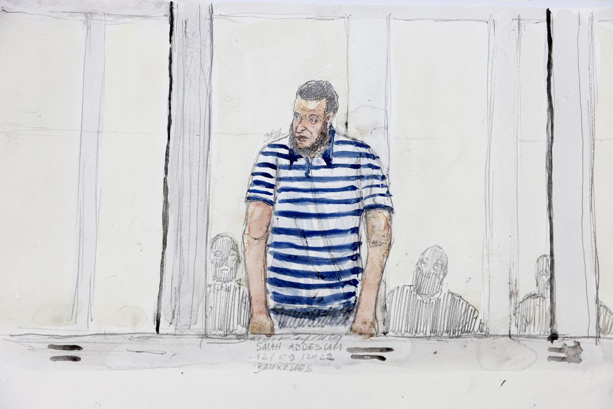 This court-sketch made on September 12, 2022, shows defendant Salah Abdeslam during the opening of the preliminary hearing in trial of suspects in the March 2016 jihadist attacks, in Brussels, on September 12, 2022. - On the morning of March 22, 2016, Islamic State suicide bombers struck Brussels airport and metro, killing 32 people and injuring hundreds in the symbolic heart of Europe. On September 12, 2022, the Brussels court will hold preliminary hearings in the trial of 10 people accused over the worst attacks in Belgium's post-war history, including Salah Abdeslam, the so-called "10th man" of the November 2015 Paris attacks.