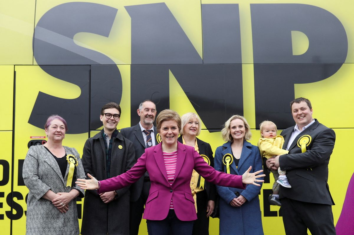 SNP Leader Nicola Sturgeon Campaigns In Arbroath, ARBROATH, SCOTLAND - MAY 02: Scottish National Party (SNP) leader Nicola Sturgeon poses with local candidates while on the campaign trail for the forthcoming local elections, on May 2, 2022 in Arbroath, Scotland. (Photo by Russell Cheyne - Pool/Getty Images)