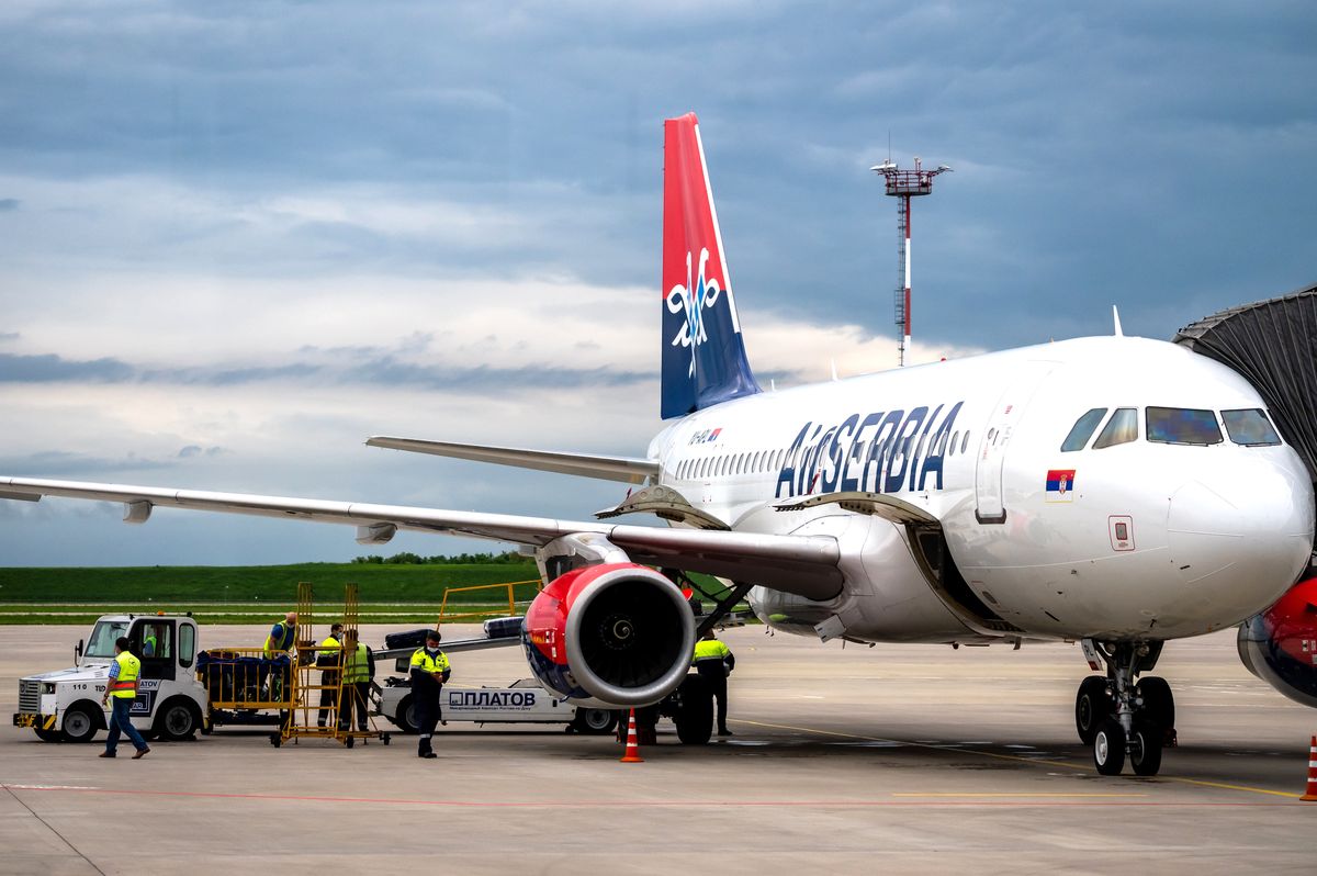 Rostov-on-don,,Russia,,Platov,Airport,-,June,4,,2021:,Air,Serbia Rostov-on-Don, Russia, Platov airport - June 4, 2021: Air Serbia plane lands on the runway of Platov international airport Rostov-on-Don, Russia, Platov airport - June 4, 2021: Air Serbia plane lands on the runway of Platov international airport