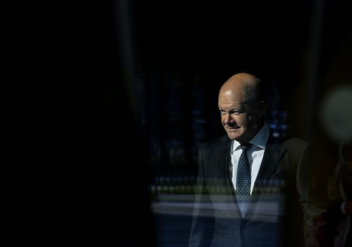 German Chancellor Olaf Scholz waits for the arrival of Moldova's President prior talks on September 23, 2022 at the entrance of the Chancellery in Berlin. 