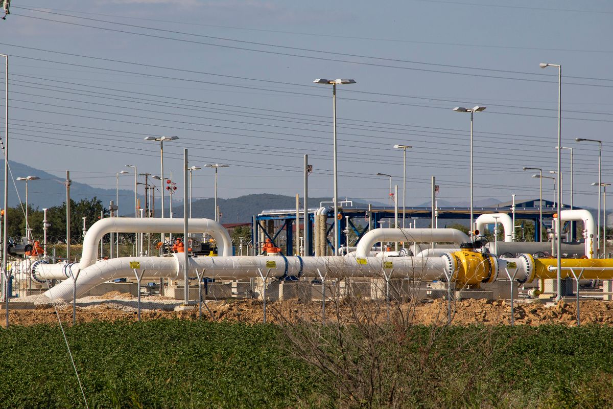 Exterior view of the natural gas pipeline supply Interconnector Greece Bulgaria IGB, inaugurated on July 8, 2022 by the Greek and Bulgarian prime minister and Azerbaijan's minister of energy, connected to the landing station of the TAP Trans Adriatic Pipeline near Komotini combined cycle electricity power plant generated by steam. Komotini, Greece on July 30, 2022  (Photo by Nicolas Economou/NurPhoto via Getty Images)
