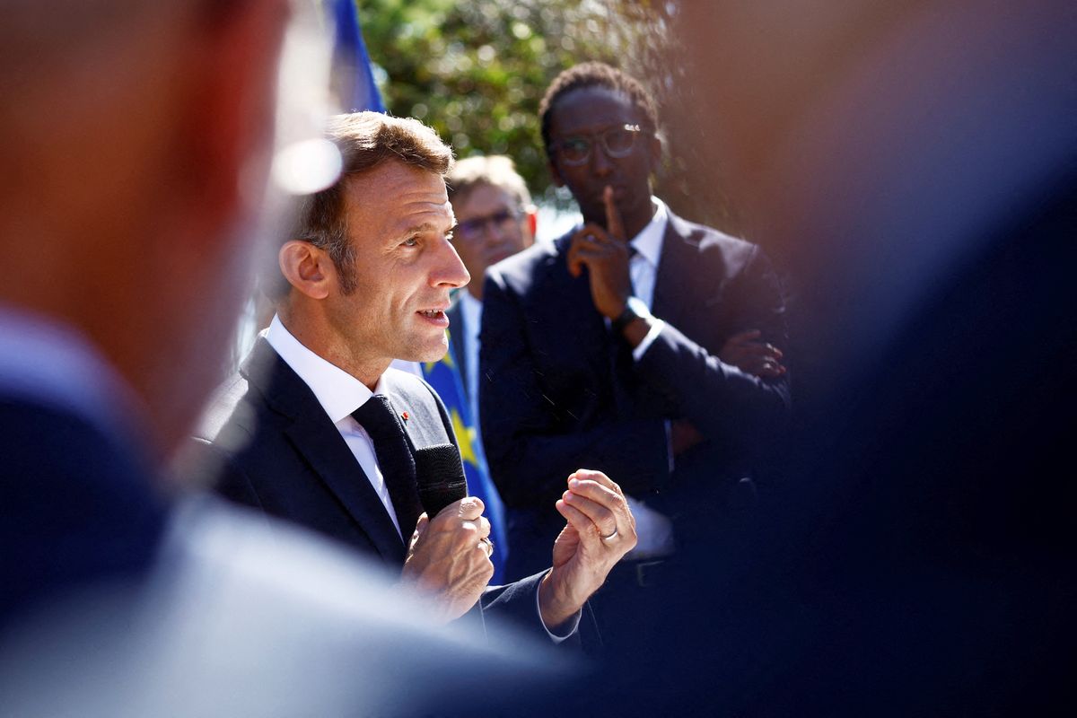 French President Emmanuel Macron delivers a speech at the Sub-Prefecture in Saint-Nazaire after a visit at the Saint-Nazaire offshore wind farm, off the coast of the Guerande peninsula in western France on September 22, 2022. (Photo by STEPHANE MAHE / POOL / AFP) FRANCE-POLITICS-ENVIRONMENT-ENERGY