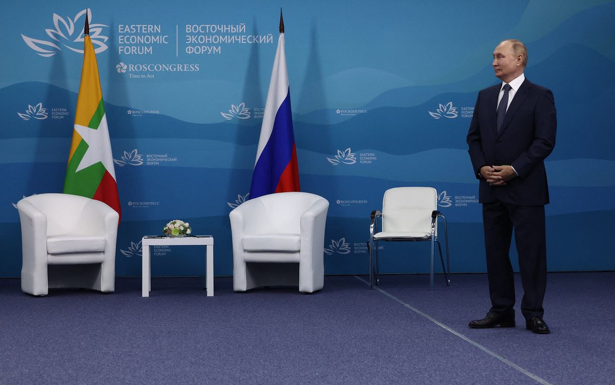 Russian President Vladimir Putin waits before a meeting with Myanmar junta leader on the sidelines of the 2022 Eastern Economic Forum in Vladivostok on September 7, 2022. (Photo by Valery SHARIFULIN / SPUTNIK / AFP)