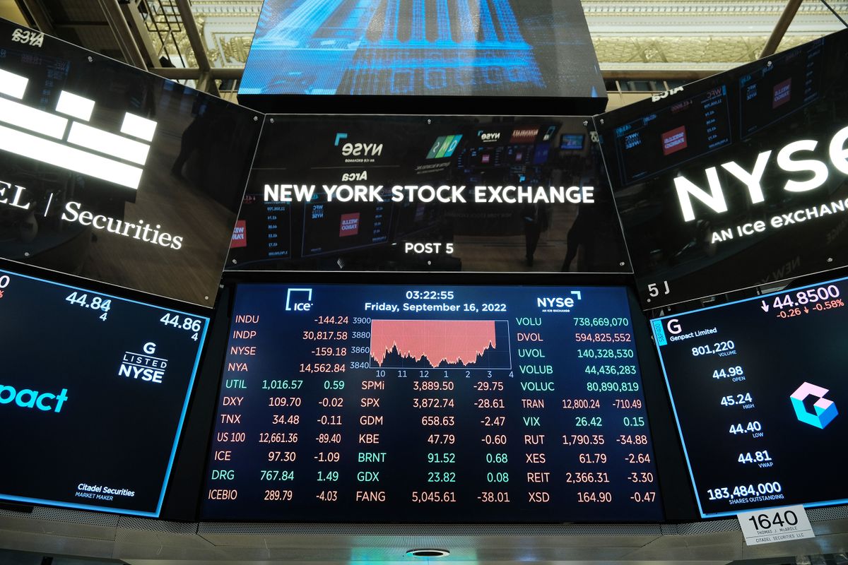 NEW YORK, NEW YORK - SEPTEMBER 16: A board displays market activity on the floor of the New York Stock Exchange (NYSE) on September 16, 2022 in New York City. The Dow Jones Industrial Average fell again on Friday as economic concerns over inflation and global corporate profits of transport companies fall. 