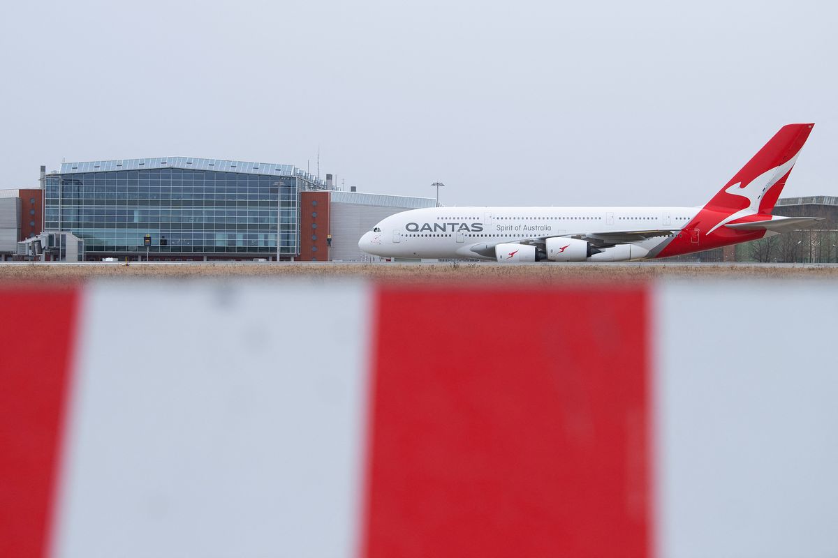 A380 Airbus lands in Dresden, 02 February 2020, Saxony, Dresden: An Airbus A380 of the Australian airline Qantas is driving along the airport tarmac after landing. The Airbus is to be converted at the Elbe Flugzeugwerke (EFW). A total of nine aircraft of the world's largest passenger jet are to be converted in Dresden. Photo: Sebastian Kahnert/dpa-Zentralbild/dpa (Photo by Sebastian Kahnert / dpa-Zentralbild / dpa Picture-Alliance via AFP)