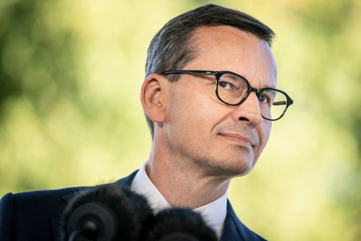 Poland's Prime Minister Mateusz Morawiecki addresses a press conference after the Baltic Sea Energy Security Summit in Kongens Lyngby, outside of Copenhagen, Denmark on August 30, 2022. - The summit aims to strengthen regional cooperation to increase the energy security of the area in the context of the Russian aggression against Ukraine. 