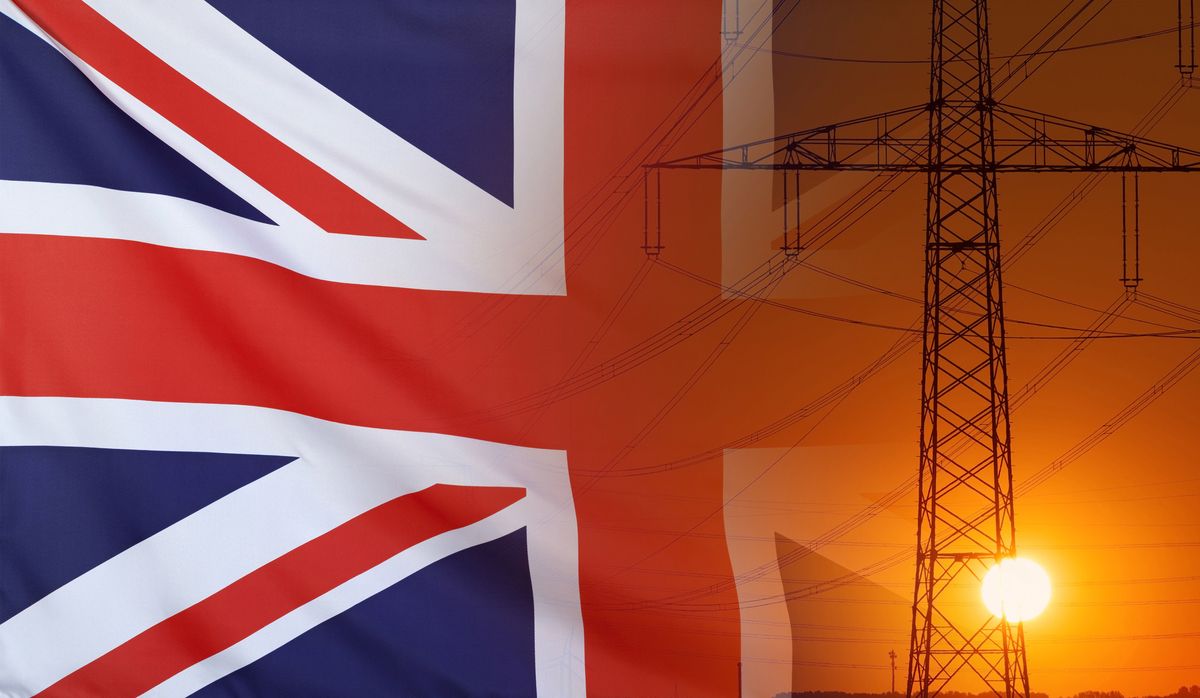 Concept,Energy,Distribution,,Flag,Of,Great,Britain,With,High,Voltage, Concept Energy Distribution, Flag of Great Britain with high voltage power pole during sunset, Concept Energy Distribution, Flag of Great Britain with high voltage power pole during sunset