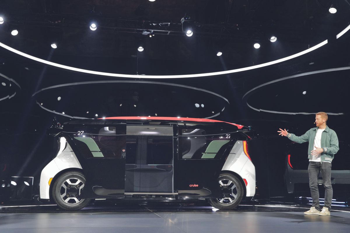 Kyle Vogt, speaks near the new Cruise Origin, at the unveiling of the new, fully autonomous passenger vehicle in San Francisco, Calif., on Tuesday, January 21, 2020, 