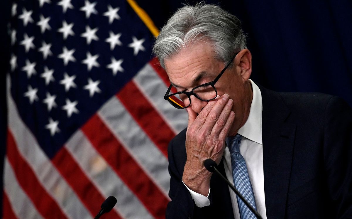 US Federal Reserve Chair Jerome Powell gestures as he speaks at a news conference on interest rates, the economy and monetary policy actions, at the Federal Reserve Building in Washington, DC, June 15, 2022. - The US central bank is committed to bringing down high American inflation and could hike the benchmark interest rate by another 0.75 percentage points in July, Federal Reserve Chair Jerome Powell said Wednesday. "Clearly, today's 75 basis point increase is an unusually large one and... either a 50-basis-point or a 75-basis-point increase seems most likely at our next meeting," Powell told reporters. (Photo by AFP)