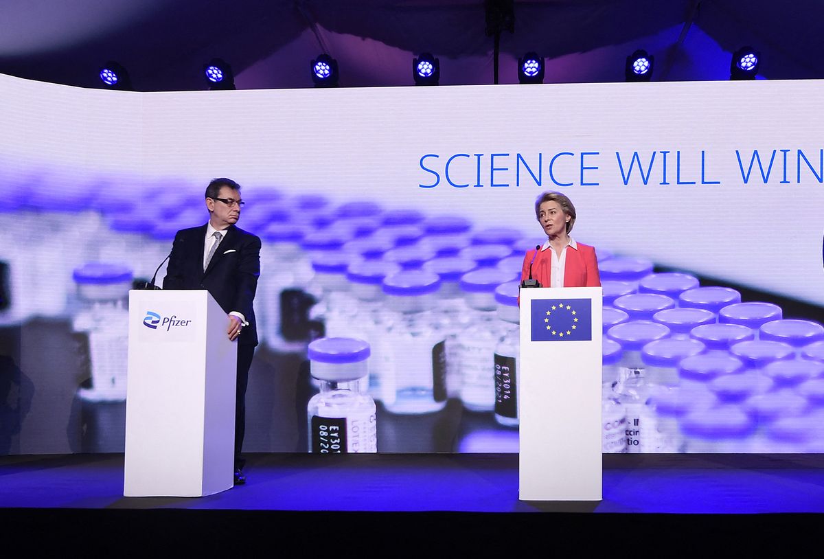 (From L to R) German scientist, CMO and co-founder of BioNTech Ozlem Tureci, Pfizer CEO Albert Bourla, European Commission President Ursula von der Leyen and Belgium's Prime Minister Alexander De Croo address a press conference after a visit to oversee the production of the Pfizer-BioNtech Covid-19 vaccine at the factory of US pharmaceutical company Pfizer, in Puurs, on April 23, 2021. 