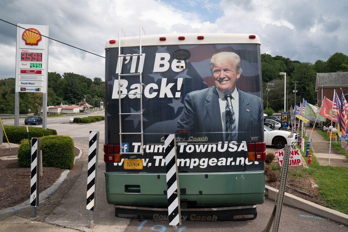 BOONE'S MILL, VIRGINIA - AUGUST 30: A campaign bus of former President Donald Trump is parked  at the Trump Town store on August 30, 2022 in Boone's Mill, Virginia. The store in a converted church sells Trump memorabilia, t-shirts and flags. 
