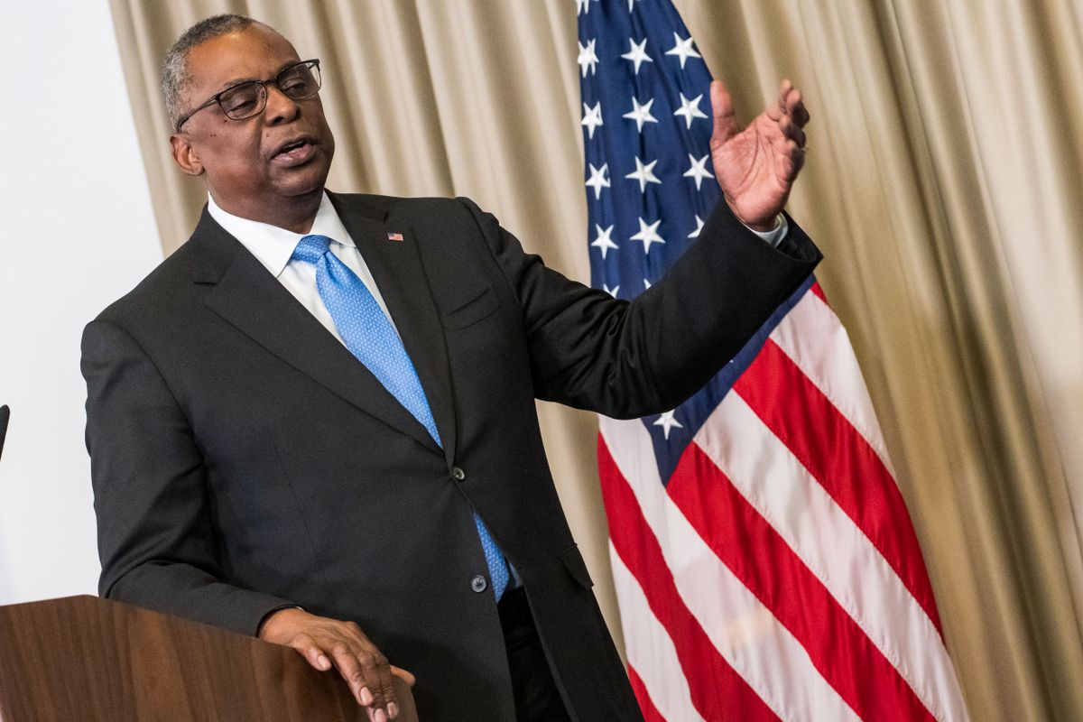 U.S. Hosts Ukraine Security Consultative Group At Ramstein Air Base, RAMSTEIN-MIESENBACH, GERMANY - APRIL 26: US Defence Secretary Lloyd Austin leaves after he spoke to the media after the Ukraine Security Consultative Group meeting at Ramstein air base on April 26, 2022 in Ramstein-Miesenbach, Germany. The meeting is a U.S.-hosted initiative to bring together defence officials from around the world to discuss security issues resulting from the ongoing Russian war in Ukraine. (Photo by Thomas Lohnes/Getty Images)