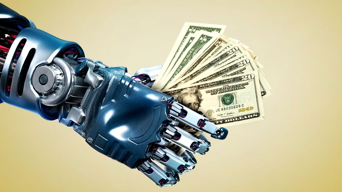 Robot hand holding lots of dollar notes robot, technology, future, futuristic, business, economy, business, money, dollar, bill, high tech, cyber, cyber technology, data, artificial intelligence, 3D, metal, blue background, studio, science, sci fi, hand, gesture, robotic, tech, illustration, innovation, shiny, chrome, silver, wires, concept, creative, ChatGPT, OpenAI