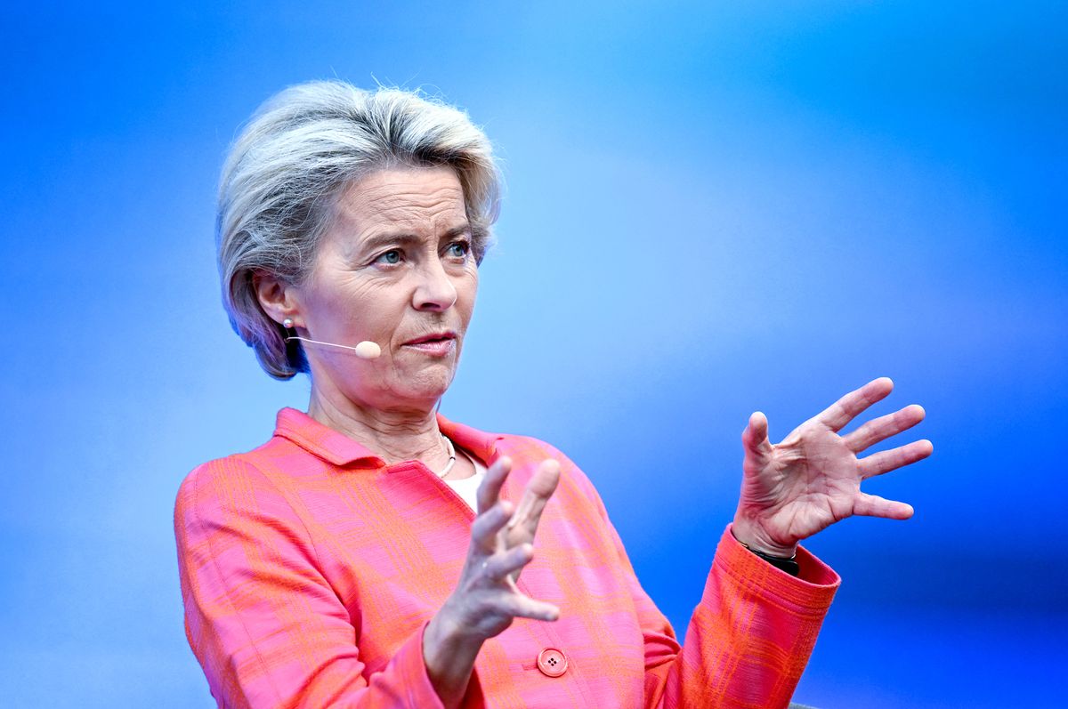 Discussion round - How to achieve a climate-friendly Europe, 29 August 2022, Berlin: Ursula von der Leyen, President of the European Commission takes part in a discussion on the topic "Social-ecological transformation - How to succeed in a climate-just Europe". Photo: Britta Pedersen/dpa (Photo by BRITTA PEDERSEN / DPA / dpa Picture-Alliance via AFP)