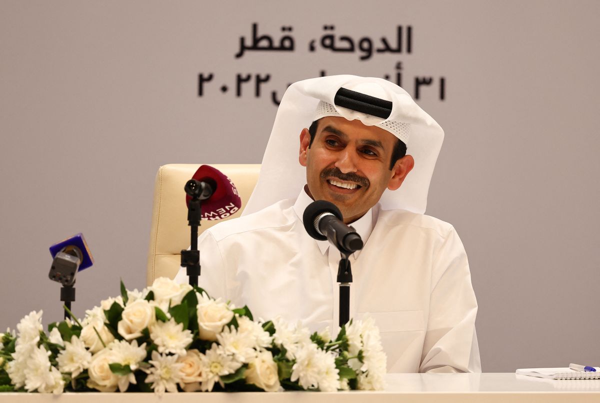 Qatar's Minister of State for Energy Affairs and President and CEO of QatarEnergy Saad Sherida al-Kaabi, speaks during the World-Scale Blue Ammonia Project Agreements' signing ceremony in the capital Doha, on August 31, 2022. - Qatar announced today that it will build the world's biggest plant making blue ammonia, one of the new fuels being touted as a cleaner energy source. Energy Minister Saad Sherida al-Kaabi said the plant would cost $1.1 billion and start production in early 2026.