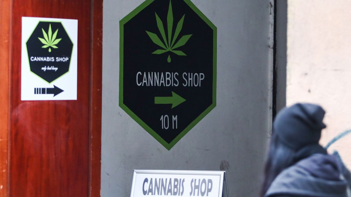 Entrance to the legally operating cannabis shop selling hemp products in Krakow, Poland on April 18, 2021. 