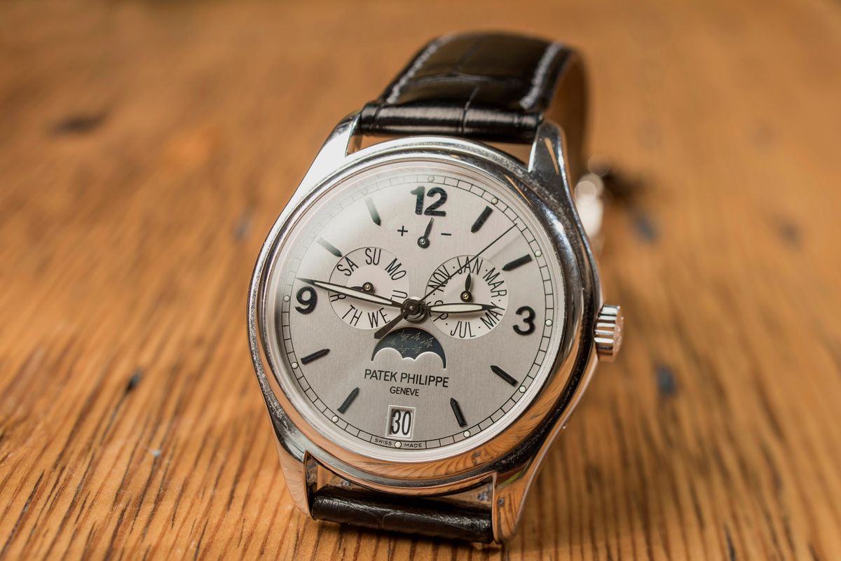 A Patek Philippe Ref. 5250 "Advanced Research" watch belonging to Tony Fadell, co-founder and chief executive officer of Nest Inc., not pictured, is arranged for a photograph in Palo Alto, California, U.S., on Tuesday, Aug. 18, 2015. When Fadell isn't rethinking basic parts of your home, he collects watches. But he doesn't just like them, he has a seven-figure collection, and, more important, he really knows watches. Photographer: David Paul Morris/Bloomberg via Getty Images