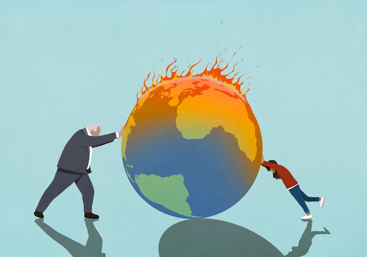 Businessman and girl pushing burning globe, globális felmelegedés, üvegházhatás, üvegház, 