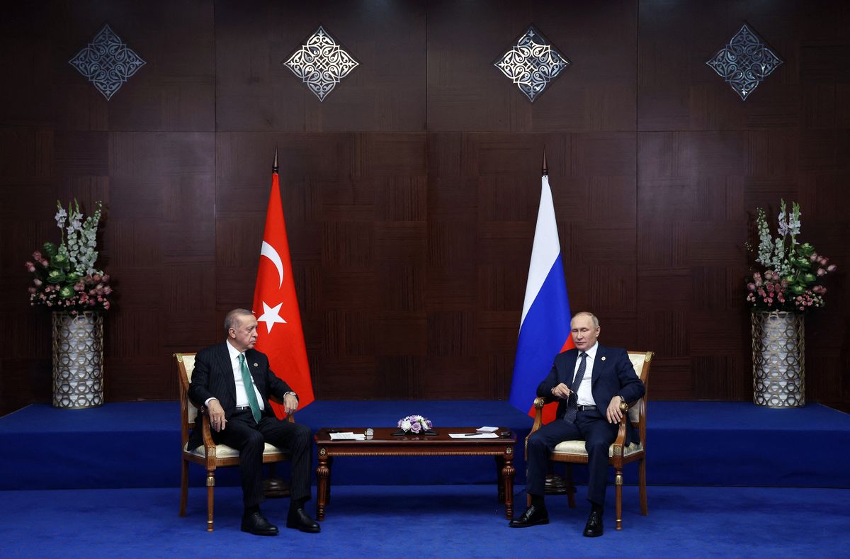 Russian President Vladimir Putin meets with Turkey's President Recep Tayyip Erdogan on the sidelines of the Sixth Summit of the Conference on Interaction and Confidence Building Measures in Asia (CICA) in Astana on October 13, 2022. 