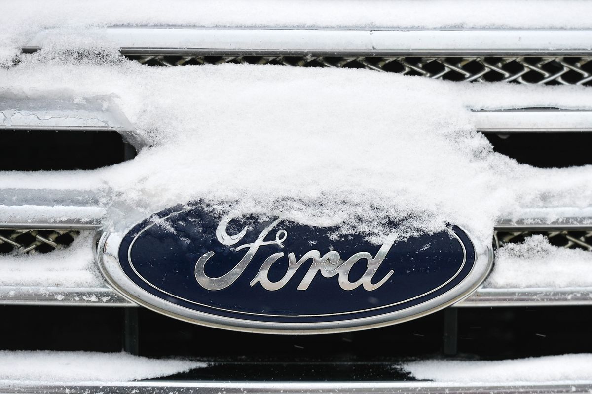 Daily Life In Edmonton, Ford logo seen on a Ford car parked in downtown Edmonton. On Wednesday, December 22, 2021, in Edmonton, Alberta, Canada. (Photo by Artur Widak/NurPhoto via Getty Images)