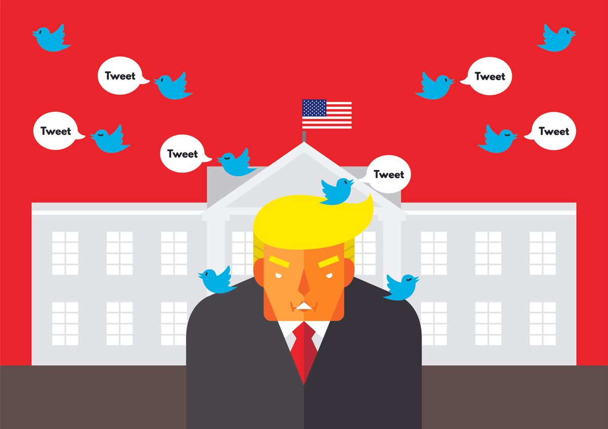 WASHINGTON, DC, US - February 26, 2016: Vector illustration of the American president, Donald Trump in front of the White House with Twitter bird tweeting around him representing his reliant on social media. orbán viktor trumpot keresi a twitteren, 