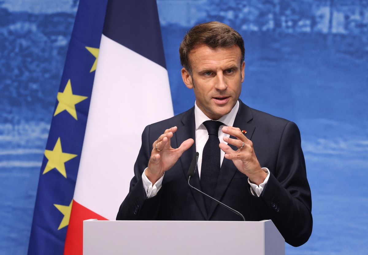 G7 Leaders Convene For Summit At Schloss Elmau, GARMISCH-PARTENKIRCHEN, GERMANY - JUNE 28: French President Emmanuel Macron speaks to the media on the third and final day of the nearby G7 summit at Schloss Elmau on June 28, 2022 near Garmisch-Partenkirchen, Germany. Leaders of the G7 group of nations have officially coming together under the motto: "progress towards an equitable world" and will discuss global issues including war, climate change, hunger, poverty and health. Overshadowing this year’s summit is the ongoing Russian war in Ukraine. (Photo by Sean Gallup/Getty Images)