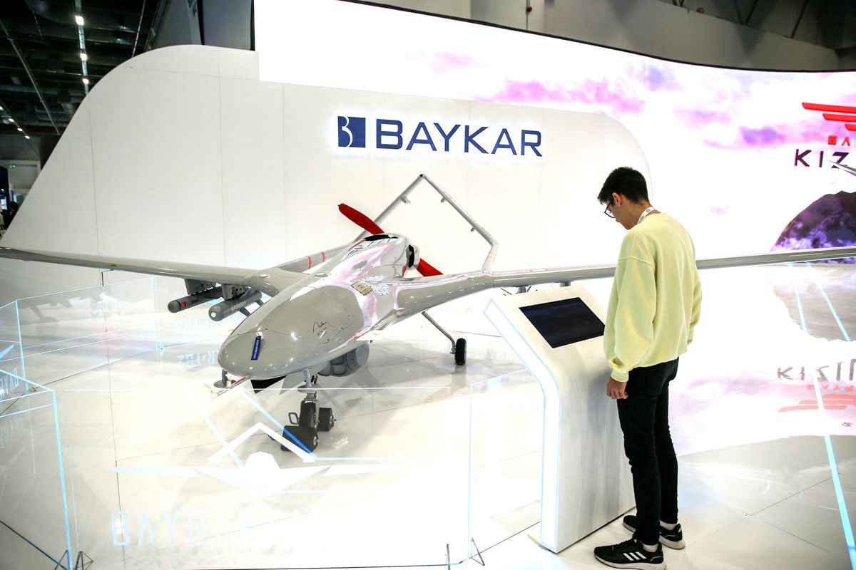 SAHA Expo 2022, ISTANBUL, TURKIYE - OCTOBER 26: The SAHA EXPO Defense, Aviation and Space Industry Fair continues on its third day in Istanbul, Turkiye on October 26, 2022. SAHA EXPO fair brought together 250 companies from 57 countries and 750 local companies from Turkiye. The Bayraktar TB2 developed by BAYKAR was also displayed at the fair. Murat Sengul / Anadolu Agency (Photo by Murat Sengul / ANADOLU AGENCY / Anadolu Agency via AFP)