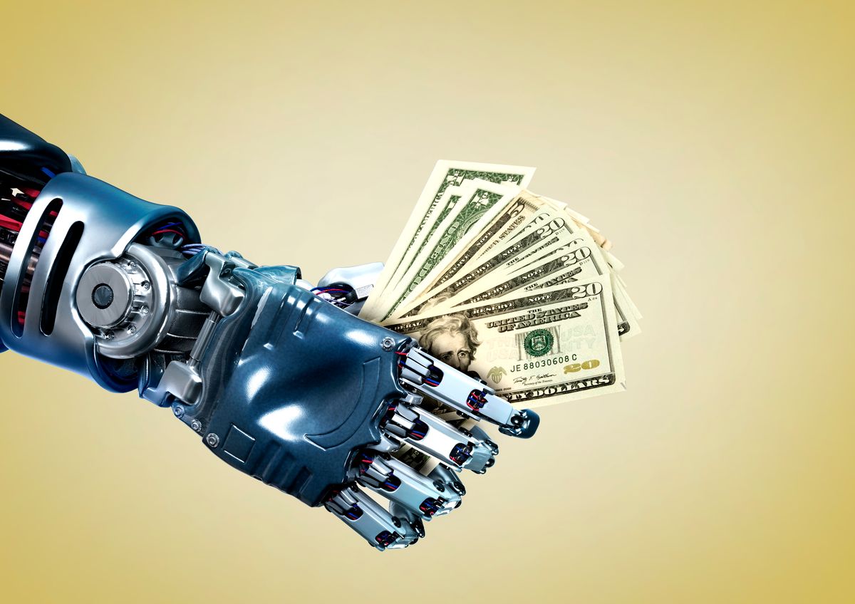Robot hand holding lots of dollar notes robot, technology, future, futuristic, business, economy, business, money, dollar, bill, high tech, cyber, cyber technology, data, artificial intelligence, 3D, metal, blue background, studio, science, sci fi, hand, gesture, robotic, tech, illustration, innovation, shiny, chrome, silver, wires, concept, creative