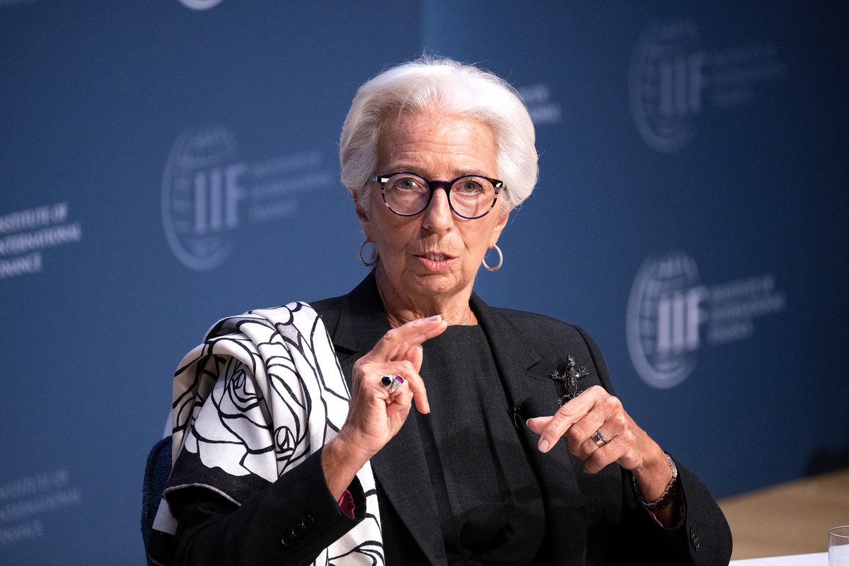 Christine Lagarde, President of the European Central Bank, speaks  during the Institute of International Finance annual membership meeting in Washington, DC, on October 12, 2022. (Photo by Brendan Smialowski / AFP)