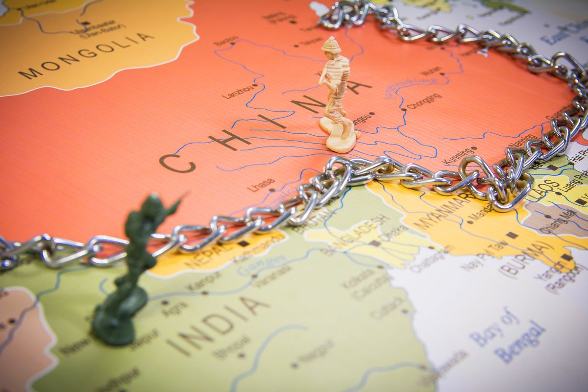 India,And,China,Borders,Symbolic,Photo,With,Miniature,Soldier,And, India and China borders symbolic photo with miniature soldier and a chain on borders world map India and China borders symbolic photo with miniature soldier and a chain on borders world map, kína, india, 