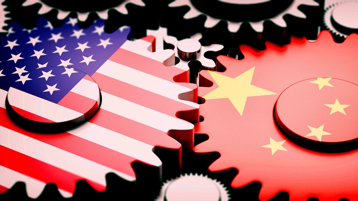 China,And,Us,Trade,War,Concept.,China,And,Us,Of China and US trade war concept. China and US of America flags on metal gears. 3d illustration kína, usa, amerika, együttműködés, xi