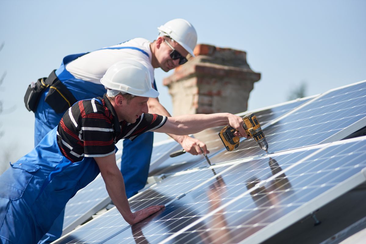Male,Team,Workers,Installing,Stand-alone,Solar,Photovoltaic,Panel,System,Using, 
