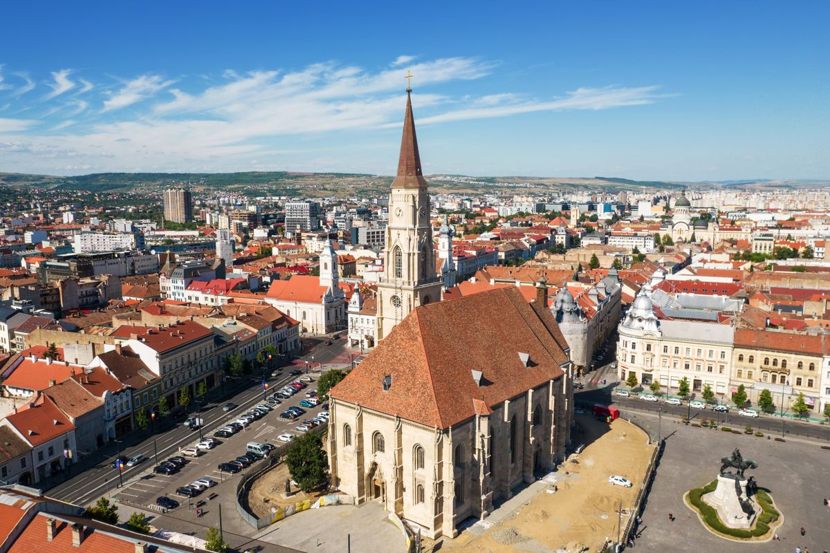 Aerial,Drone,View,Of,Saint,Michael,Church,In,Cluj,,Romania.
