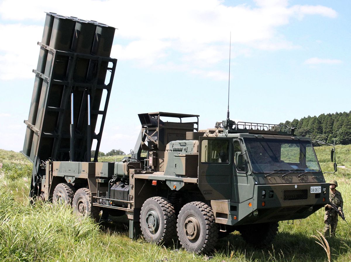 Joint drills of U.S.A. and Japan, Japanese SSM unit vehicle which is launcher surface-to-ship missile (SSM1) participates in the U.S. Japan joint exercise with U.S. HIMARS unit vehicle at Oyanohara exercise area in Yamato Town, Kumamoto Prefecture on September 17, 2019.    ( The Yomiuri Shimbun ) (Photo by Yuji Kato / Yomiuri / The Yomiuri Shimbun via AFP)