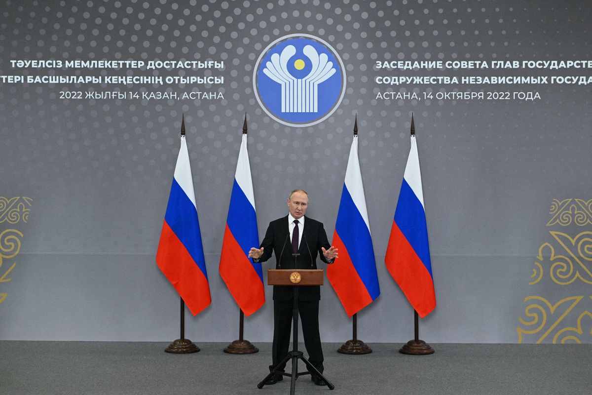 Russian President Vladimir Putin gestures during a press conference after attending a summit with leaders of post-soviet countries of the Commonwealth of Independent States