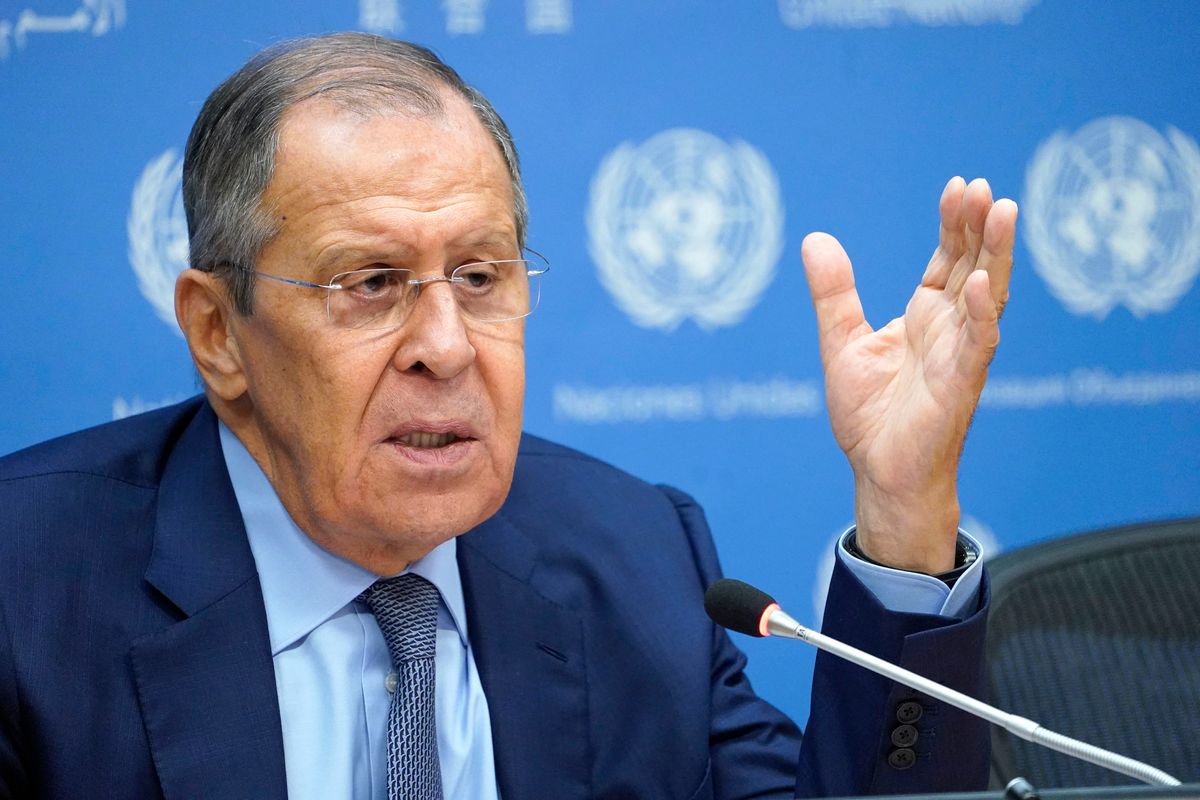 NY: Russian Foreign Minister Sergey Lavrov Press Briefing At The United Nations Russian Foreign Minister Sergey Lavrov briefs the press during the 77th session of the United Nations General Assembly (UNGA) at U.N. headquarters on September 24, 2022 in New York City, USA. Lavarov discussed the war in Ukraine and various countries political involvment in the conflict.  (Photo by John Lamparski/NurPhoto) (Photo by John Lamparski / NurPhoto / NurPhoto via AFP) NY: Russian Foreign Minister Sergey Lavrov Press Briefing At The