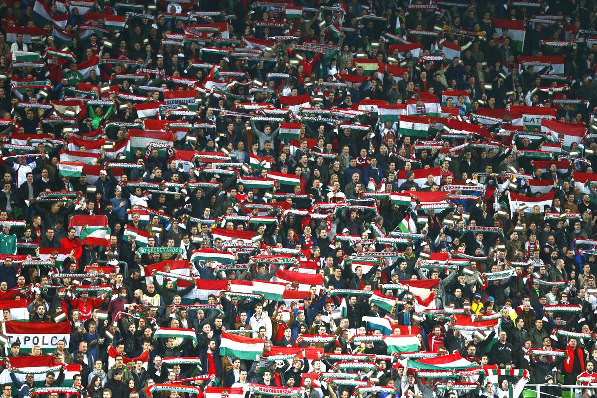 Hungary v Greece - Euro 2016 qualification soccer match, BUDAPEST, HUNGARY - MARCH 29: Hungarian supporters cheer their team during Hungary v Greece European Euro 2016 qualification soccer match at Grupama Arena in Budapest, March 29, 2015. Arpad Kurucz / Anadolu Agency (Photo by Arpad Kurucz / ANADOLU AGENCY / Anadolu Agency via AFP) Hungary v Greece-Euro 2016 qualification soccer match