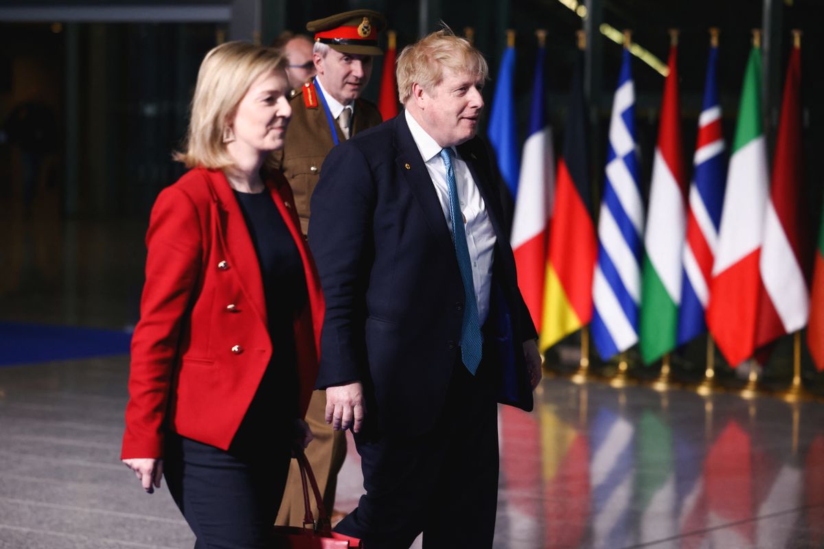 NATO Summit On Russia's Invasion Of Ukraine BRUSSELS, BELGIUM - MARCH 24: British Prime Minister Boris Johnson, Foreign Secretary Liz Truss and military representative to NATO Ben Bathurst leave NATO Headquarters following a NATO summit on Russia's invasion of Ukraine, at the alliance's headquarters in Brussels, on March 24, 2022 in Brussels, Belgium. Heads of State and Government take part in the North Atlantic Council (NAC) Summit. They will discuss the consequences of President Putin's invasion of Ukraine and the role of China in the crisis. Then decide on the next steps to strengthen NATO's deterrence and defence. (Photo Henry Nicholls - Pool/Getty Images)