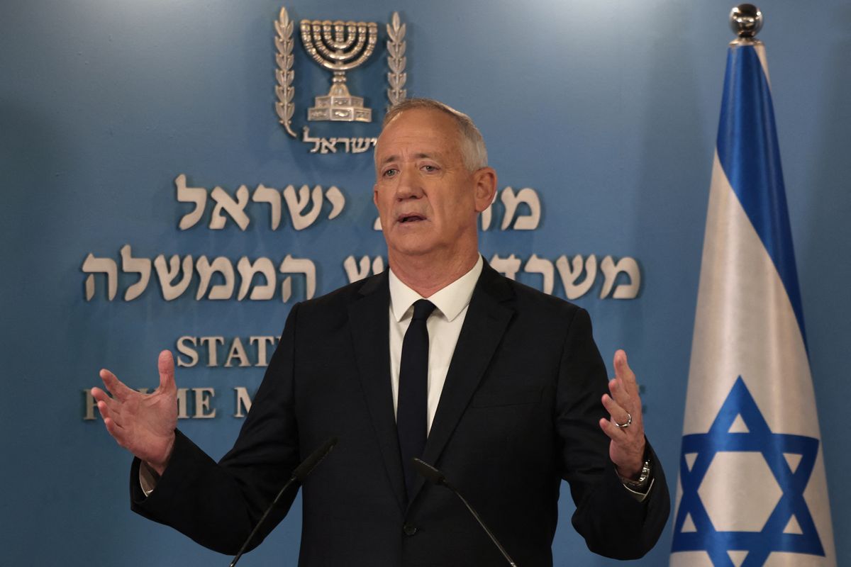Israeli Defence Minister Benny Gantz speaks during a press conference in Jerusalem on October 12, 2022 following the maritime agreement with Lebanon. - Israel's agreement with Lebanon to resolve their maritime border dispute "staves off the possibility" of a conflict with the Iran-backed militant group Hezbollah, Israeli Prime Minister Yair Lapid said. 