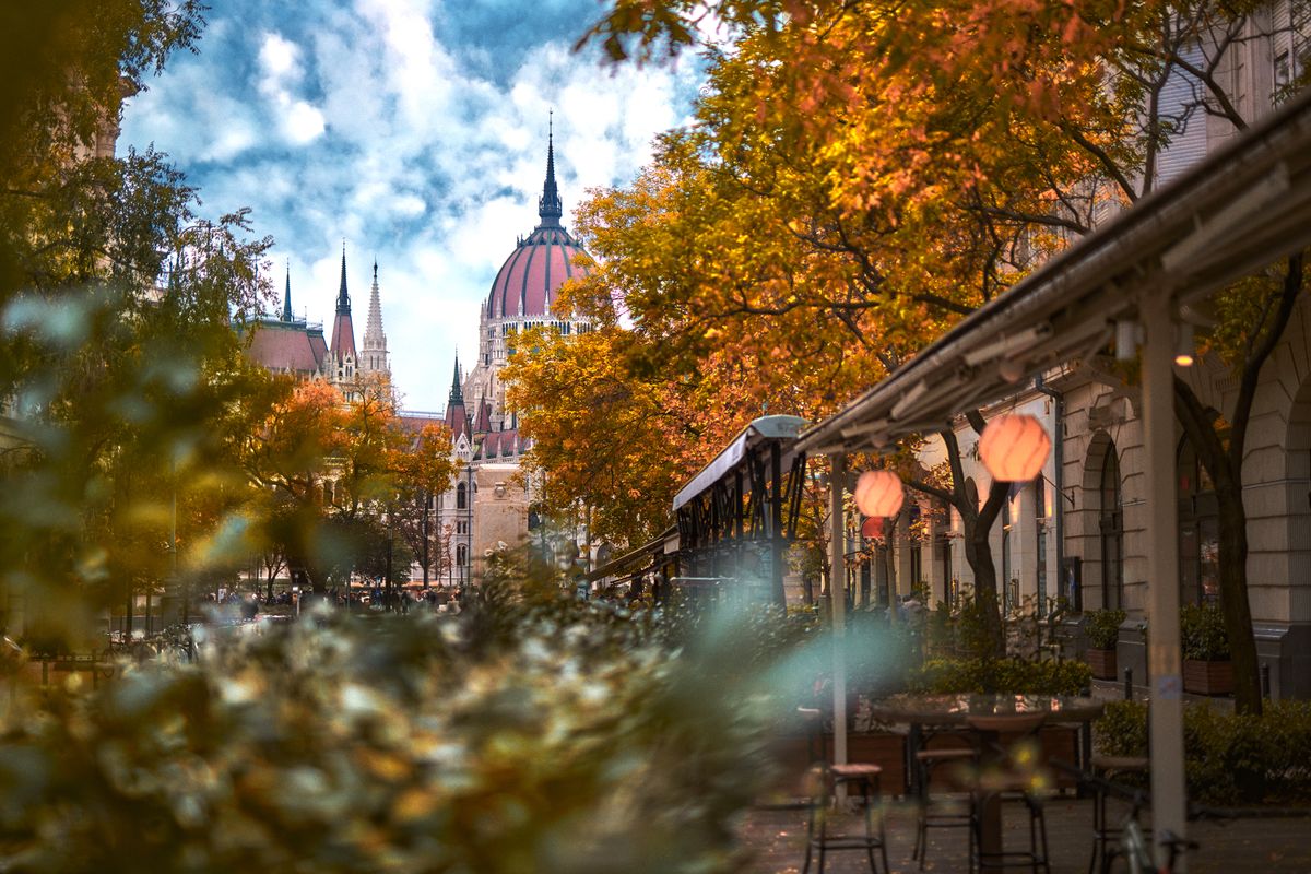 View of the building of the Hungarian Parliament Building. Blurred foreground, bokeh. Autumn trees, lanterns on the veranda of the cafe, Shallow depth of field, selective focus, Shallow depth of field, selective focus