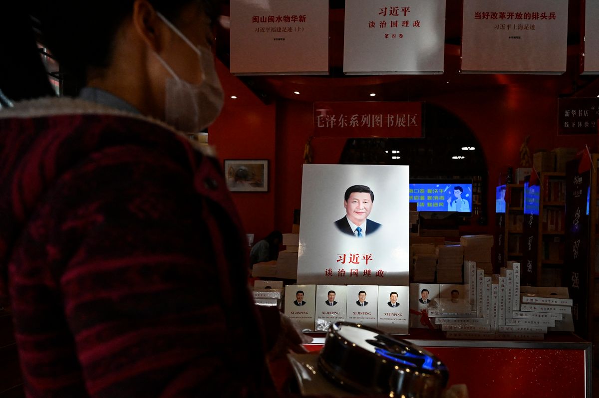 Books about Chinese President Xi Jinping are on display at a bookstore in Yan'an city, in China’s northwest Shaanxi province on October 15, 2022, one day ahead of the 20th Communist Party Congress. 