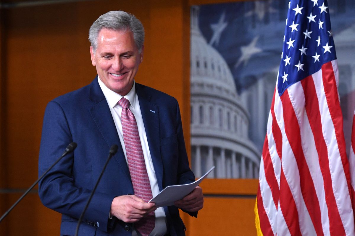 Kevin McCarthy US House Minority Leader, Kevin McCarthy, Republican of California, arrives for his weekly press briefing on Capitol Hill in Washington, DC, on October 21, 2021. (Photo by MANDEL NGAN / AFP)