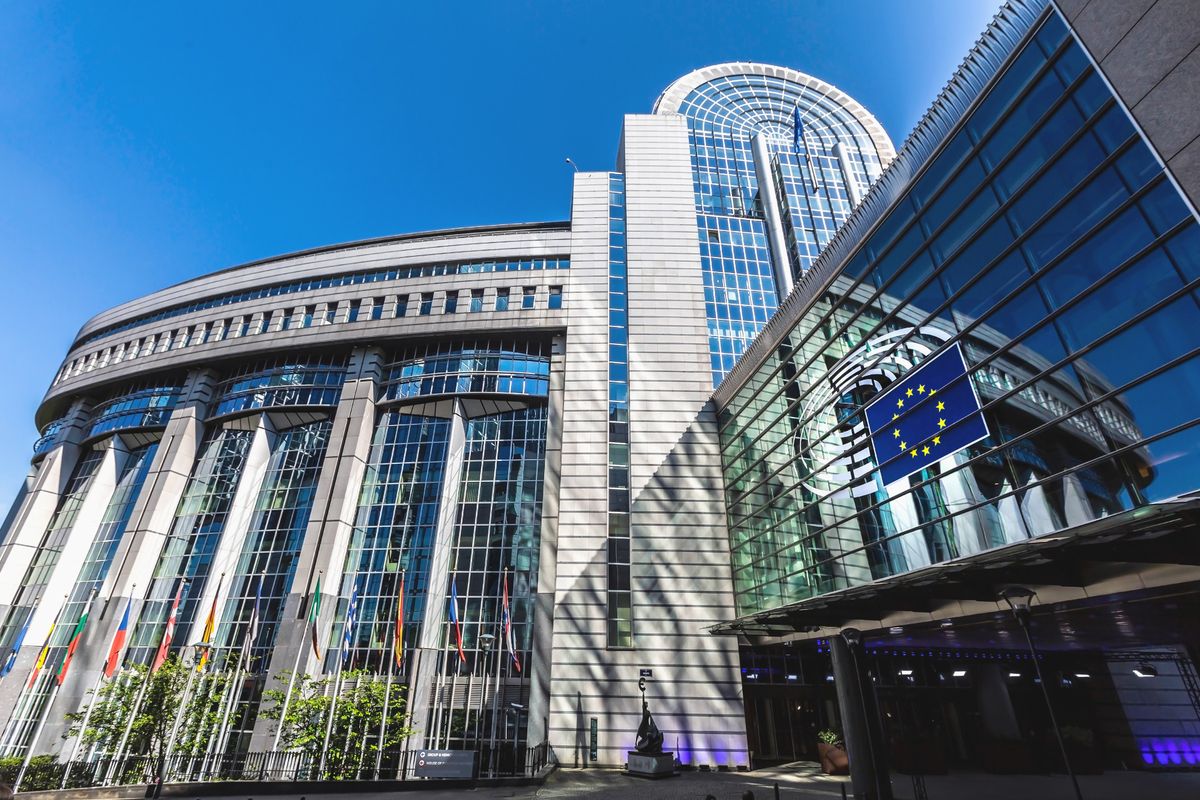 Belgium,/,Brussels,-,May,2015:,The,Building,Of,The Belgium / Brussels - May 2015: The building of the European Parliament with  logo of the European Parliament