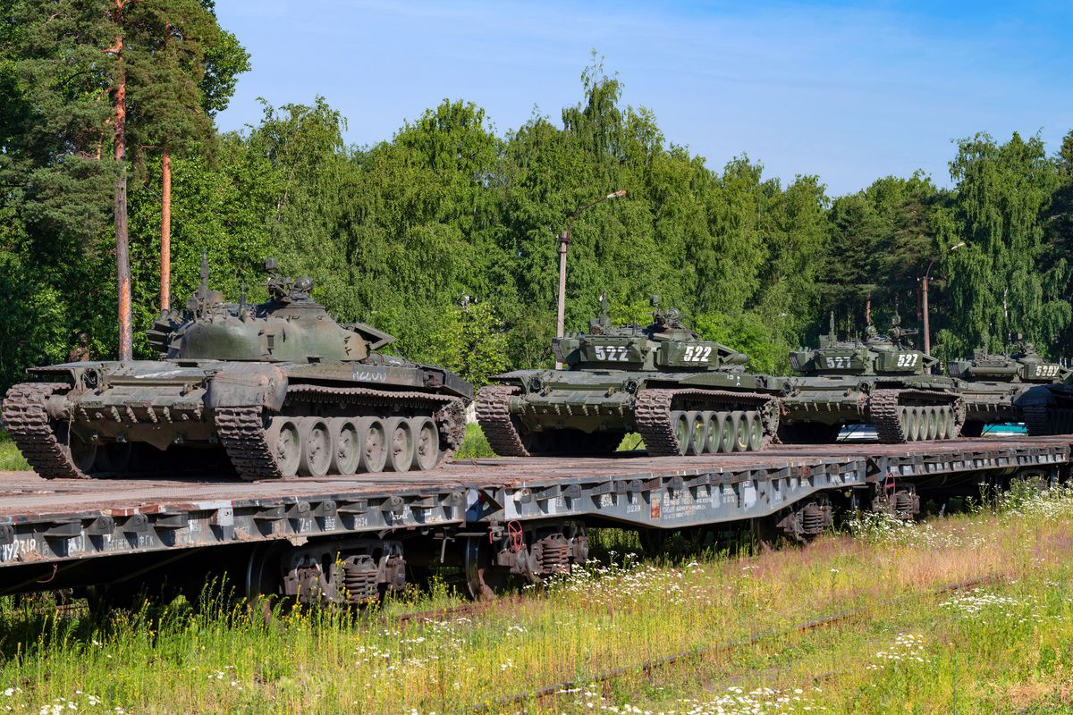 Sertolovo,,Russia,-,July,02,,2022:,Train,With,Russian,T-72b3m, SERTOLOVO, RUSSIA - JULY 02, 2022: Train with Russian T-72B3M tanks of T-72B3M on the railway tracks of a military unit on a sunny July day orosz, oroszoország, tehervonat, katona, katonai vonat, tankok, tank, harckocsi, felszerelés, utánpótlás, nyersanyag, hadsereg