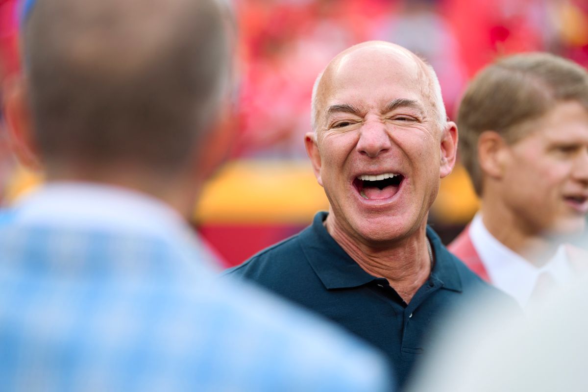 KANSAS CITY, MO - SEPTEMBER 15: Jeff Bezos looks on from the sidlines before kickoff between  the Kansas City Chiefs and Los Angeles Chargers at GEHA Field at Arrowhead Stadium on September 15, 2022 in Kansas City, Missouri. 